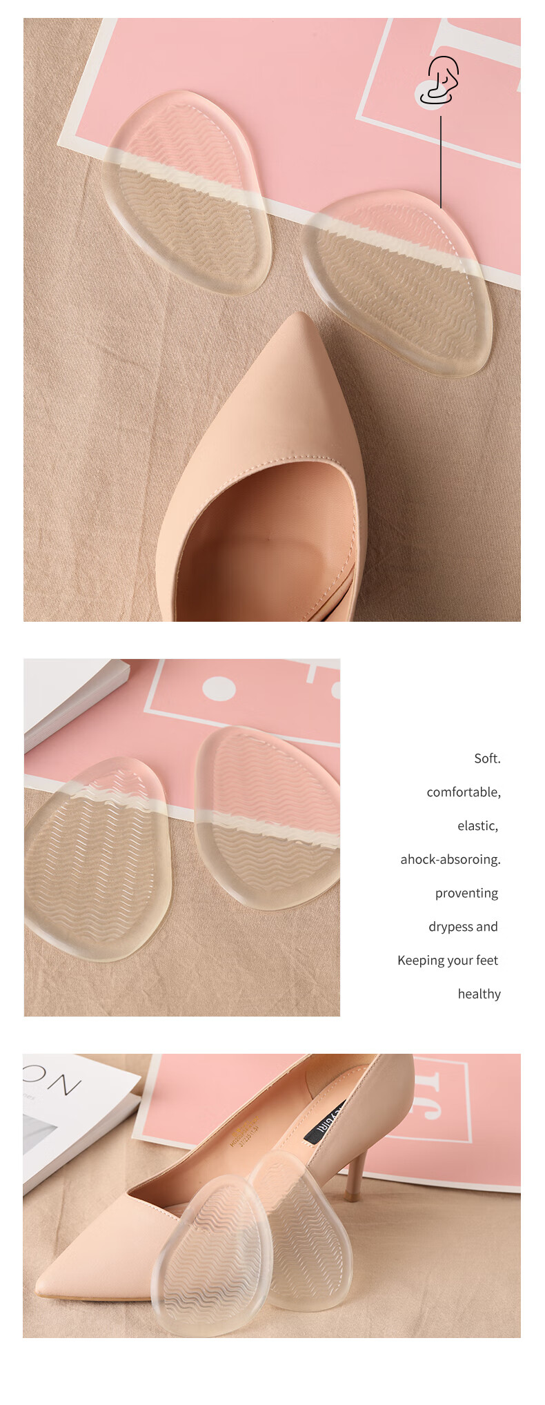 FOOTOPPO Silicone Forearm Pad, High Heel Shoe Half Size Insole, Soft Summer Women's Non-Slip Pad, Sole Insole, Foot Pad, Thin Half Pad 10
