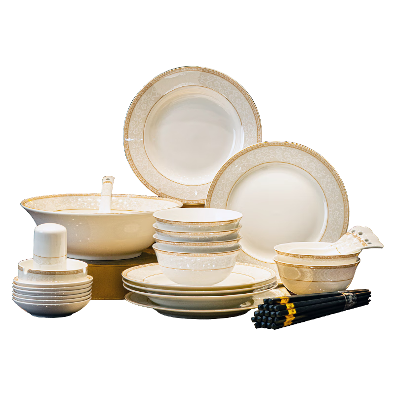 KANGQIN 2025 New Bowl And Plate Set, Home Dining Tableware, Housewarming Ceramic Bowls And Plates with Chopsticks, 48-Piece Set for 6 People, Upgraded Gift Box