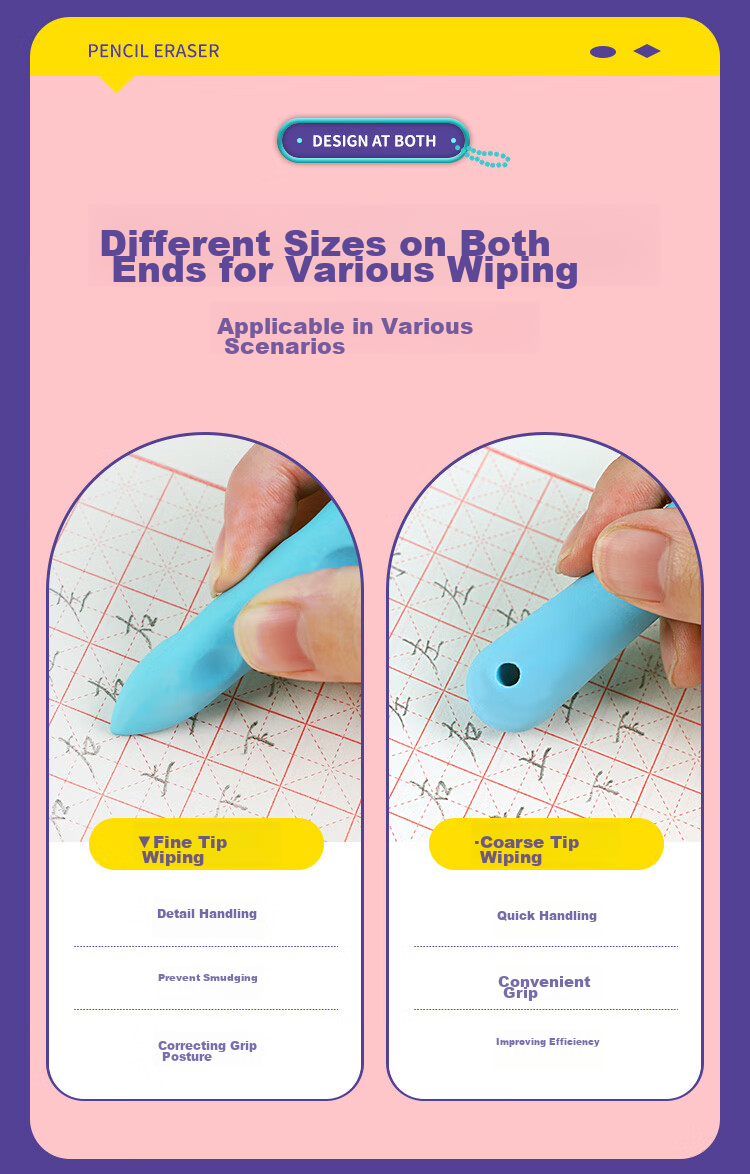 Zhonghua 3-Pack Large Perforated Erasers, Anti-Loss, Hangable, Easy to Erase, Low Debris, Clean, Suitable for Mechanical Pencils, Pen-Shaped Children's Erasers, Thick And Thin Dual-Headed, EB0005-1 Back-To Stationery 7
