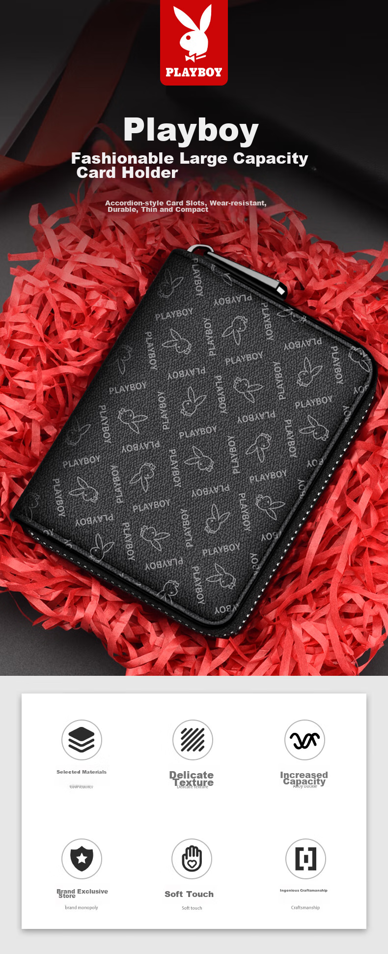 PLAYBOY Men's Multi-Card Holder Wallet, Large Capacity Zipper Card Case for Bank Cards And ID Cards, Gift for Birthday Present 1