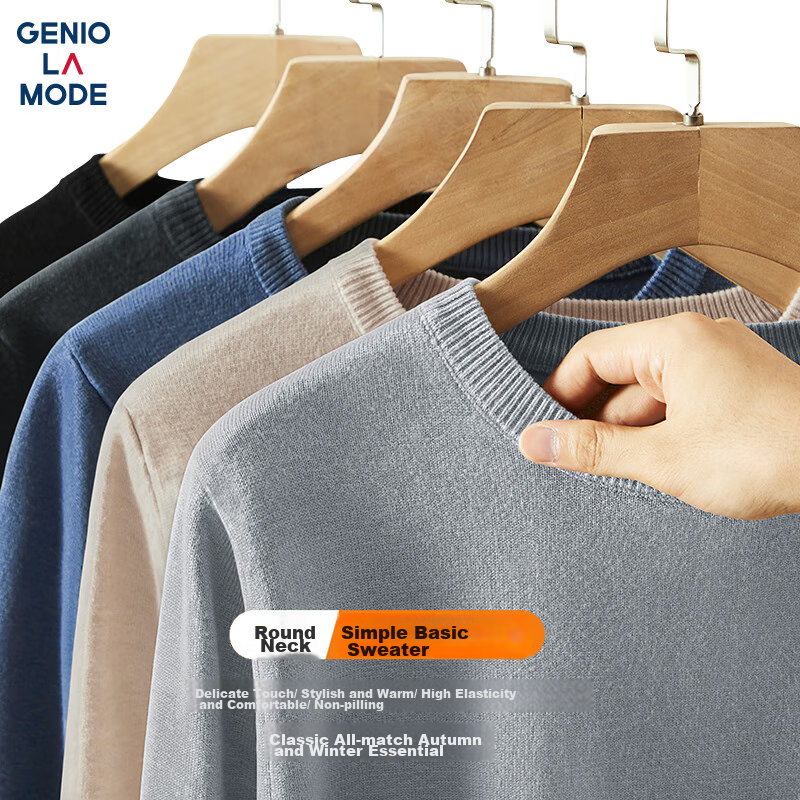 GENIOLAMODE Men's Sweater, Winter Warm Round Neck Base Layer, Long-Sleeve Knitted Pullover for Men, Light Gray, Size M