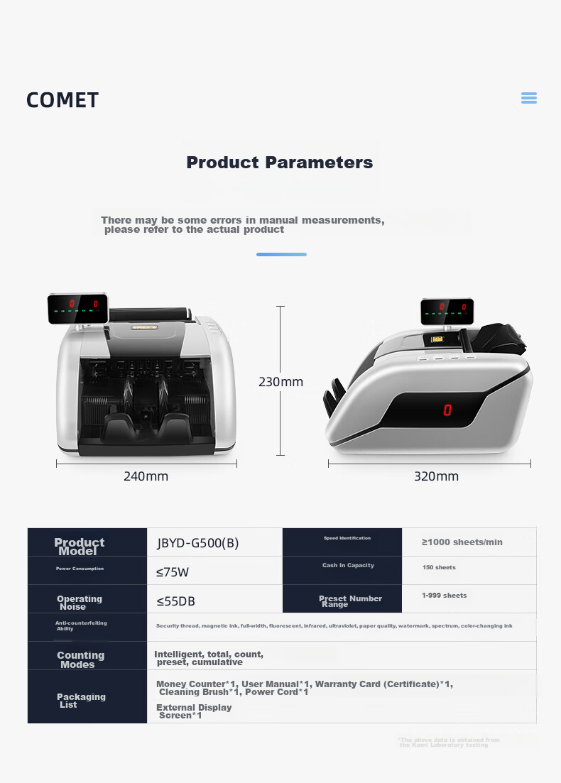 Kemi (Comet) Currency Counter Supports New RMB, Compact Portable Banknote Counter for Commercial Use, Office Cash Machine with Voice And Three-Screen B-Class G500 12