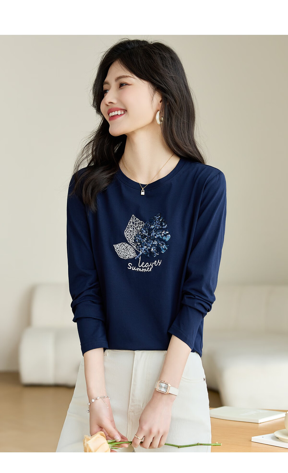 Taxiang Long-Sleeve T-Shirt for Women, Round Neck with Sequin Embroidery, Spring And Autumn Casual Versatile Ladies' Base Shirt T141T2719 11