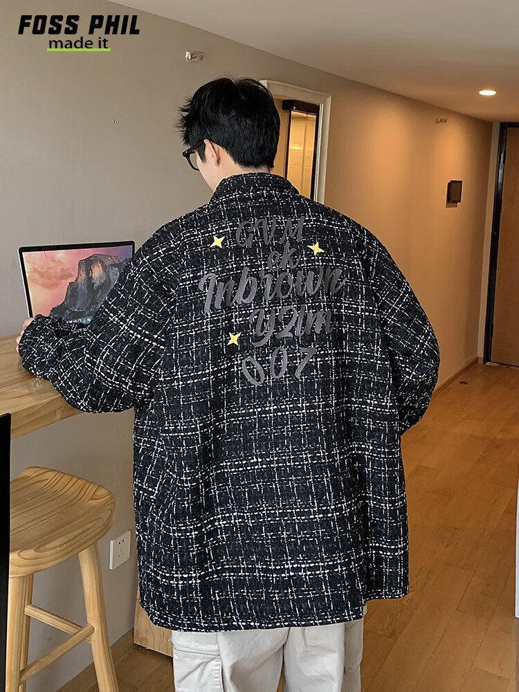 Foss Phil Men's Jacket, Spring And Autumn Fashion Brand Chanel-Style Coat, Plaid Lapel, Korean Version Loose Outerwear, FPJK10 Black M 6