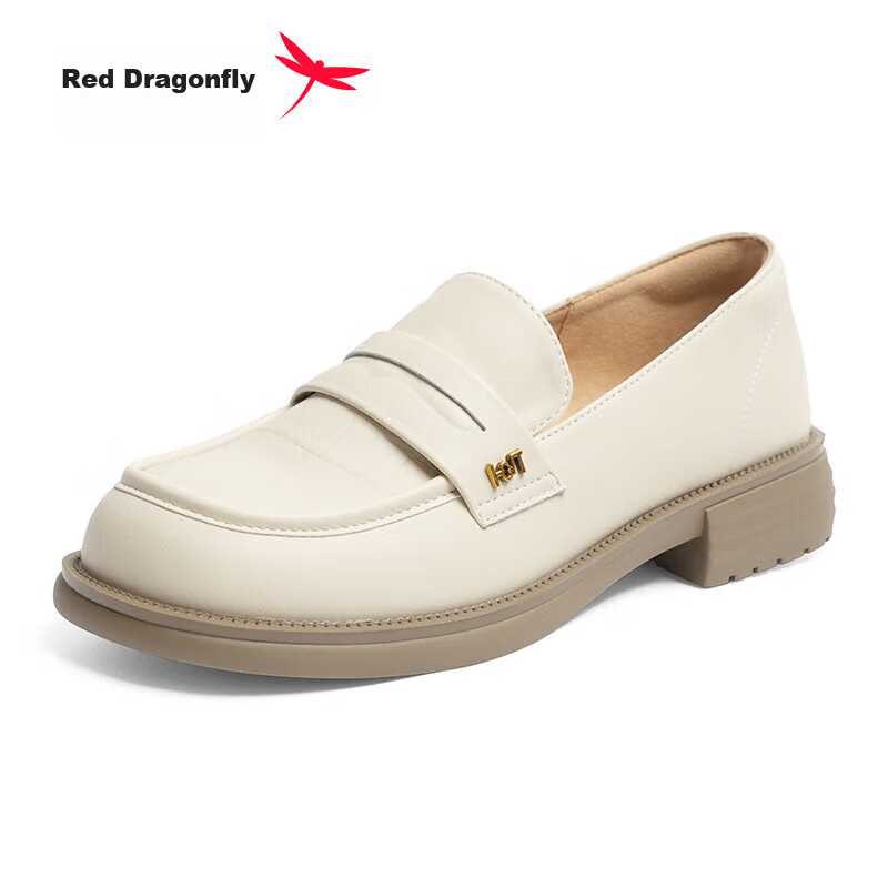 RED DRAGONFLY Loafers for Women, Spring And Autumn British Style Square Toe Soft Sole Flats, Square Heel Leather Shoes WLB14137 Beige 36