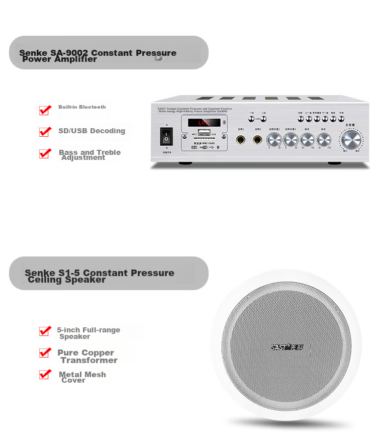 SAST 5-Inch Ceiling Speaker Set, Bluetooth Constant Voltage Amplifier, Recessed Suspended Ceiling Speakers, Commercial Use for Shops And Meetings, Public Address System, Background Music, Home And Living Room Speaker Combinatio 2