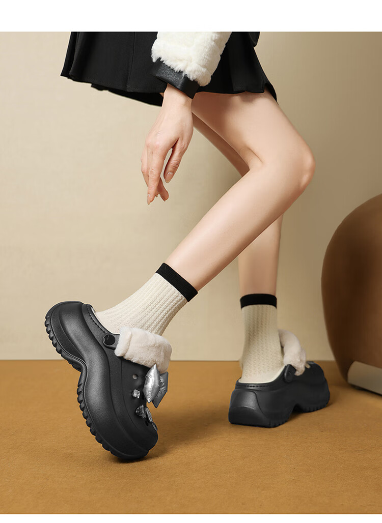 Josiny Fleece-Lined Perforated Shoes for Women, Thick-Soled Winter Warm Outdoor Cute Fluffy Cotton Slippers, Black, Size 40 8