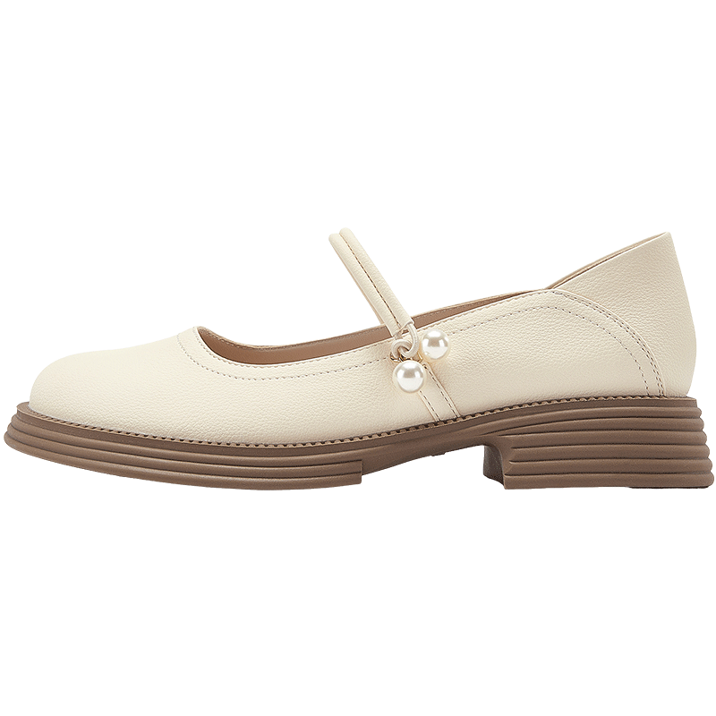 DAPHNE Women's Mary Jane Shoes, Spring 2025 Pearl Single-Strap Chunky Heel Trendy Low-Cut Flats, Beige, Size 38