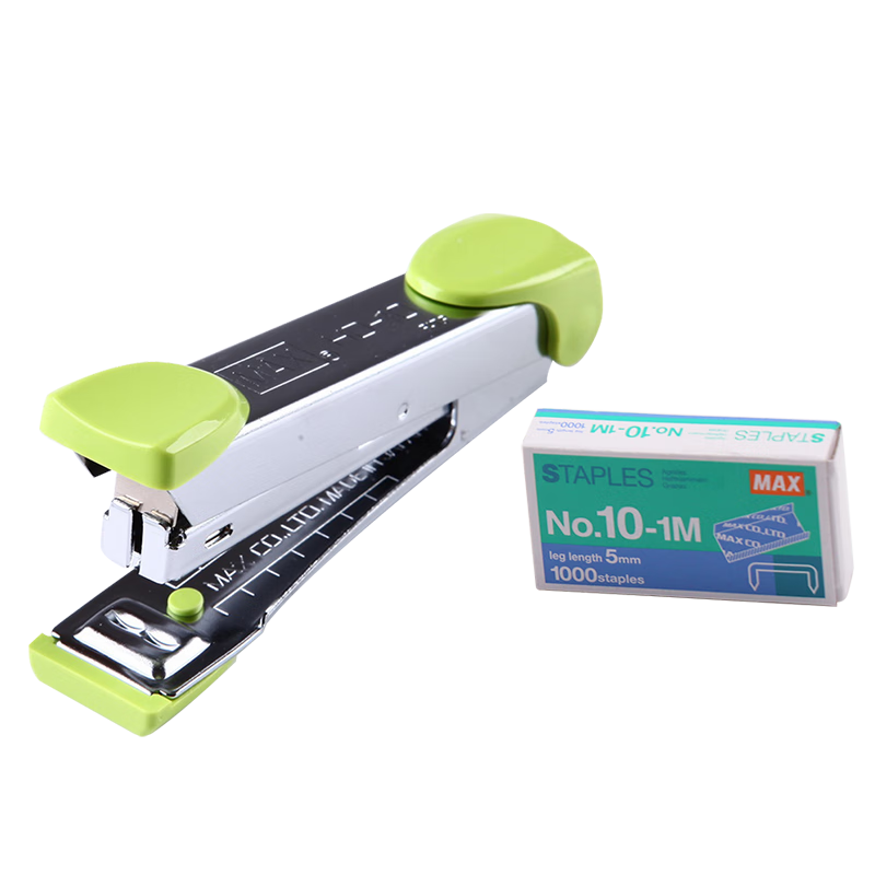 MAX Meikesi HD-10K Mini Low-Effort Stapler Set (Stapler + Staples), with Staple Remover, Student Office Stapler for 2-20 Pages, Gree