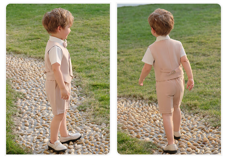 LUOBOBEIBEI Children's Suit, Korean-Style Vest And Shorts Set, Boys' Festive Outfit for Visiting Elders, Khaki Four-Piece Set, Size 140 4
