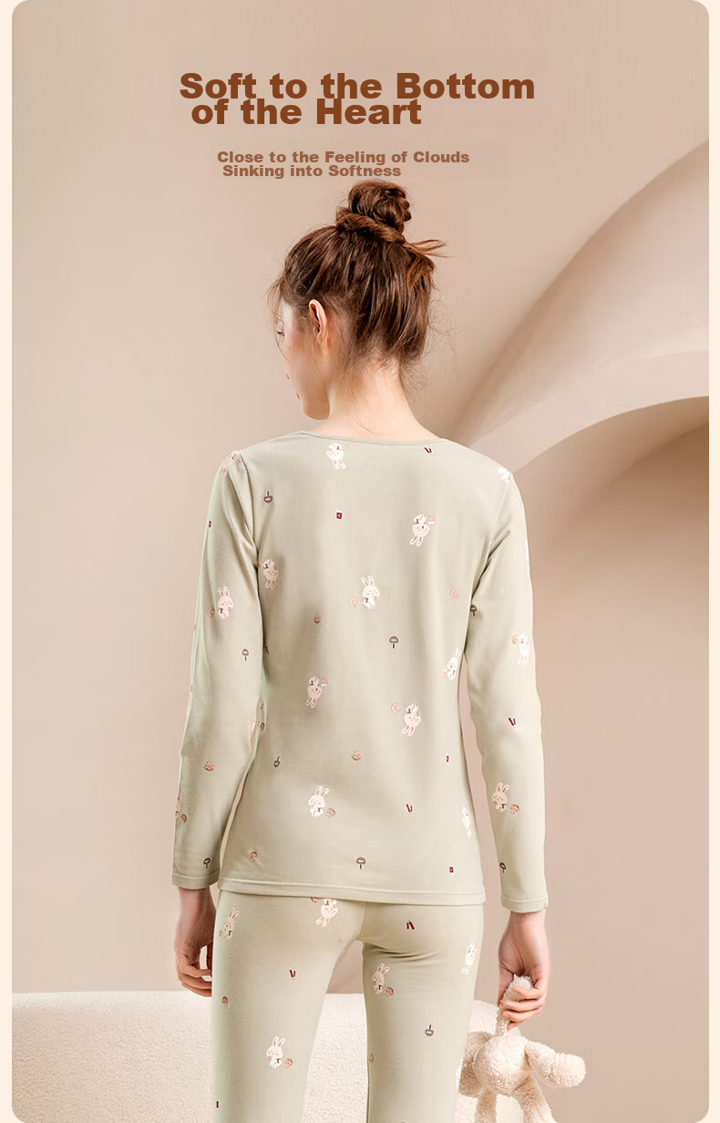 Fenteng Women's Thermal Underwear Pure Cotton 2025 New Style [Light Warm Underwear] Round Neck Small Floral Autumn Top and Bottom Set 9