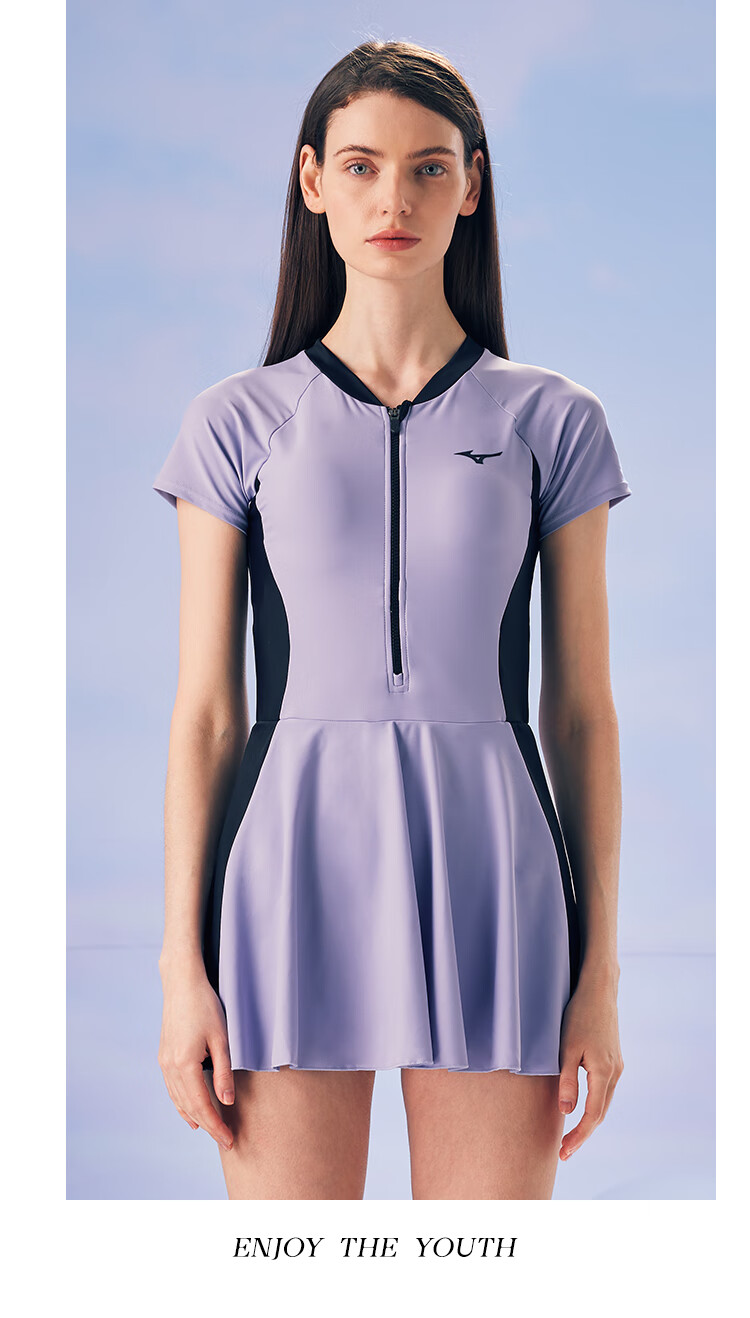 MIZUNO Women's One-Piece Swimsuit with Skirt, Quick-Drying, Sun Protection, Plus Size, Hot Spring Swimwear, Conservative, Slimming Effect, Swimming Suit A1322 Purple S 14