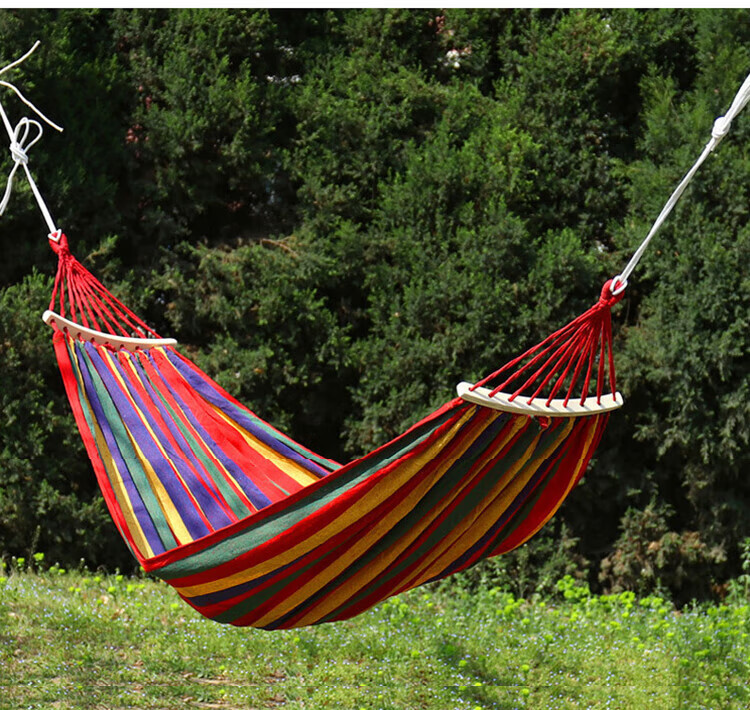 Yonglebao Double-Person Crescent-Shaped Anti-Rollover Hammock, Outdoor Camping Thickened And Widened Canvas Hammock with Curved Wood, Rainbow Color, 2-Piece Set 10
