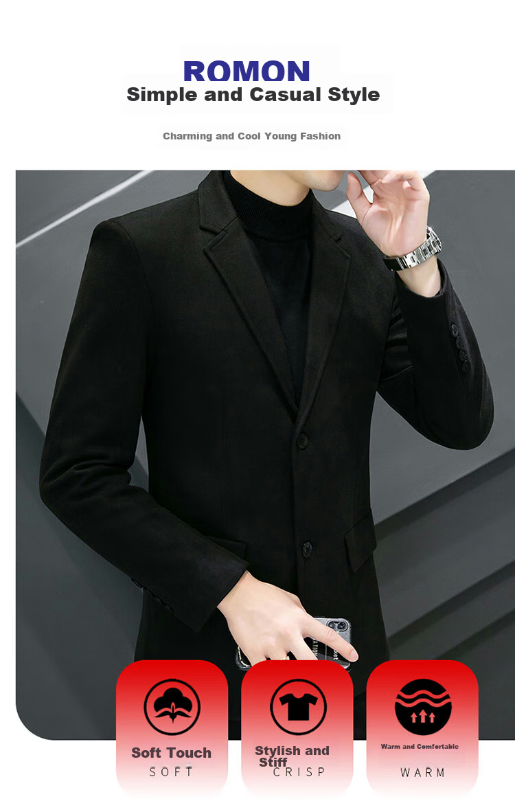 ROMON Men's Suit, Spring And Autumn Woolen Blazer, Business Casual Outerwear Jacket for Me 4