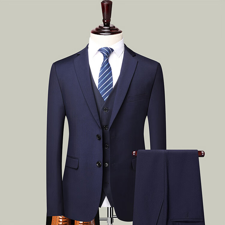 ROMON Men's Suit Set, Three-Piece Business Slim-Fit Formal Wear, Groom Attire, Professional Suit, Navy Blue, 3XL 16