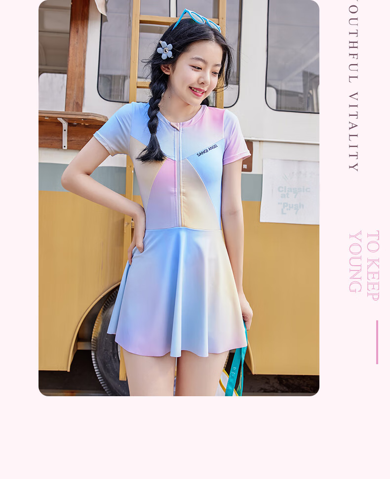 Sanqi One-Piece Swimsuit Dress for Women, Cute And Conservative New Style Swimwear for Middle School Girls, Suitable for Hot Springs And Swimming, Light Blue, Size M 6