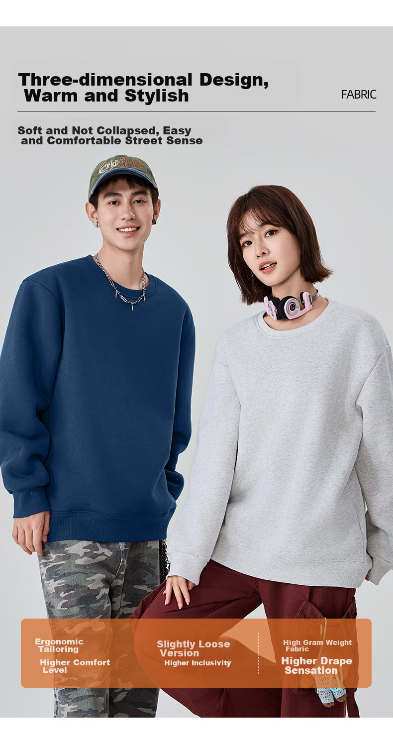 Baleno Sweatshirt for Men, Winter Trendy American Retro Round Neck Men's Jacket, Loose Thick Fleece-Lined Warm Youth Long-Sleeve 9