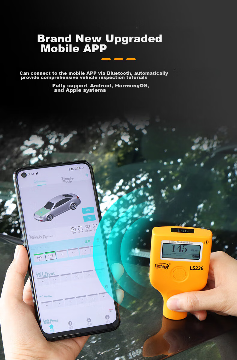 Linshang Bluetooth Rechargeable Paint Film Meter LS237, Used Car Iron Powder Putty Paint Surface Detector, Coating Thickness Gauge 9