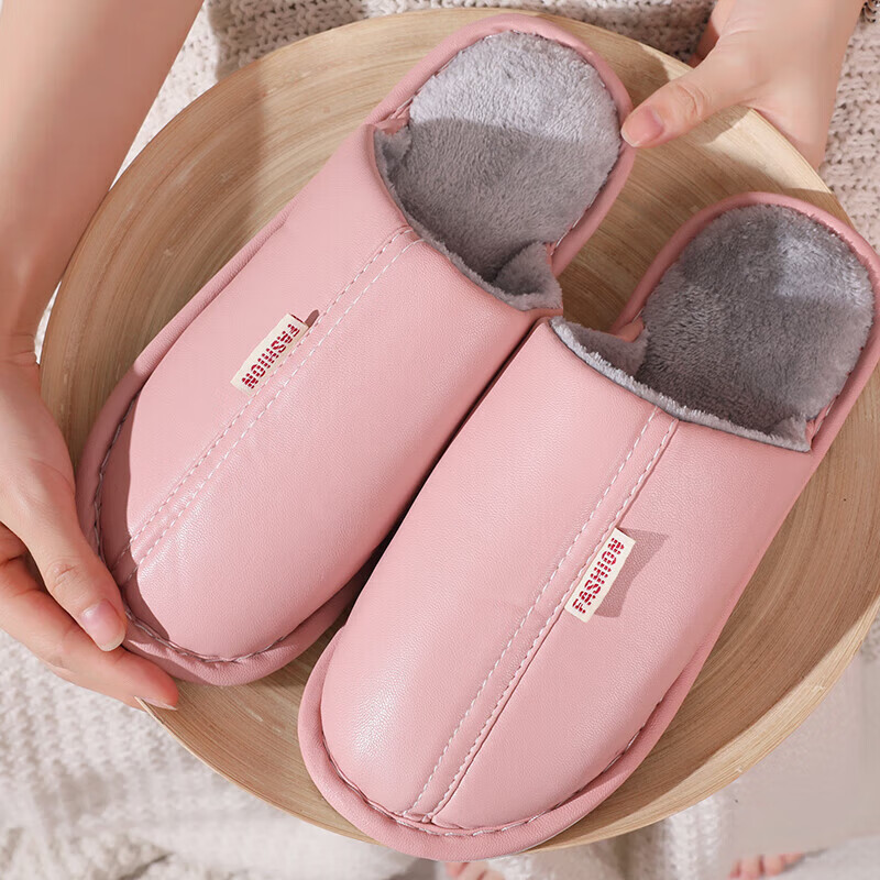 FOOTOPPO PU Leather Slippers for Men, Cotton Slippers for Winter, Thick-Soled Non-Slip Warm Furry Slippers, Soft-Bottomed Men's Home Shoes, Waterproof Cotton Slippers for Wome