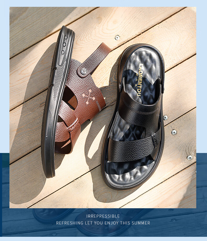 LAORENTOU Men's Beach Sandals, Summer Breathable Metal Buckle Lychee Pattern Shoes Slippers Dual-Use Versatile Casual Sandals Men's Footwear LT13107 Black Size 42 2