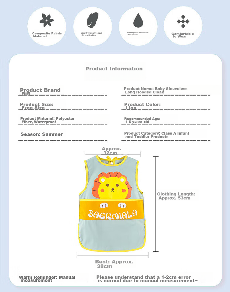 9I9 Baby Eating Smock, Summer Sleeveless Waterproof Infant Children's Bib, Drawing Apron, Adjustable A26 Pink 2