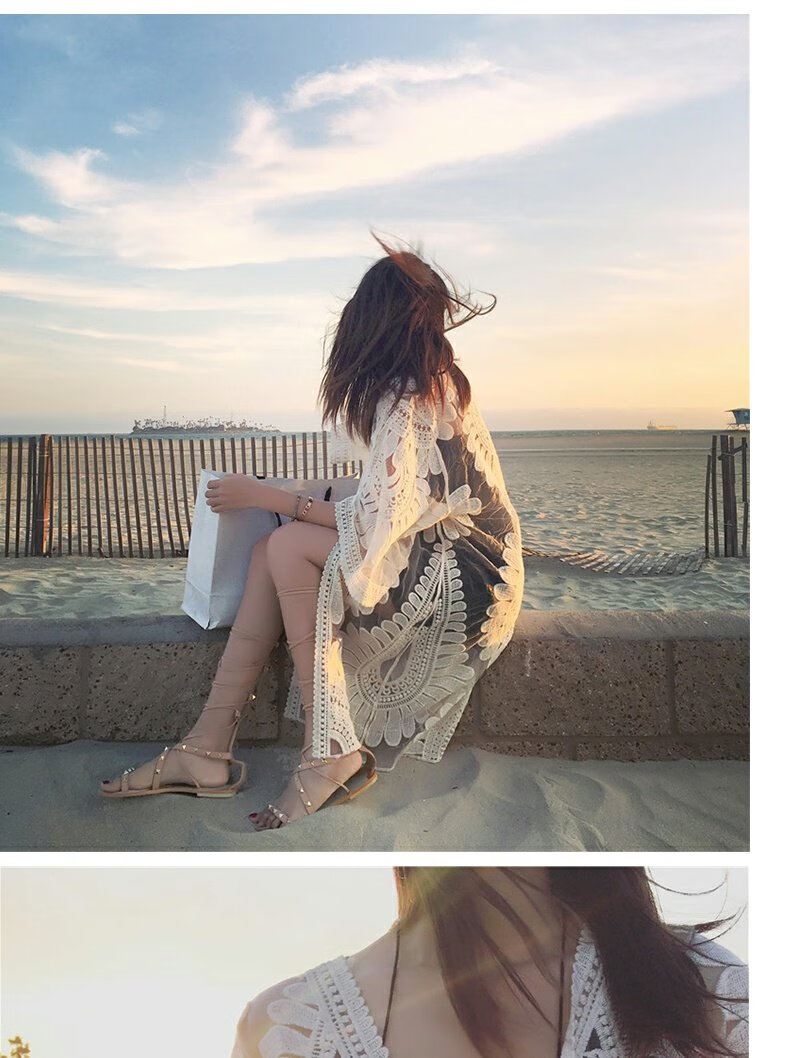 DK Seaside Sun Protection Clothing, Beach Cardigan Swimwear, Shawl Cover-Up, Hot Spring Mesh Jacket, Outer Wear, White 2