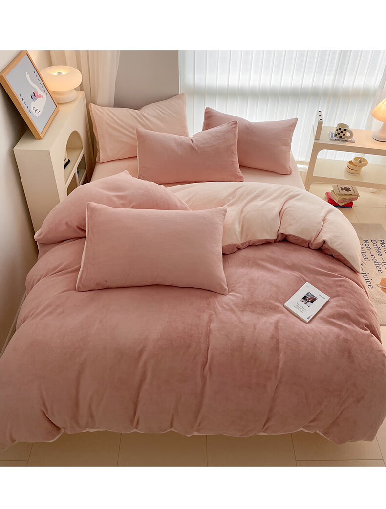Grace Milk Velvet Three-Piece Set, Flannel Student Dormitory Single Duvet Cover 150*200cm - Cocoa Pink + Fragrant Jade 12