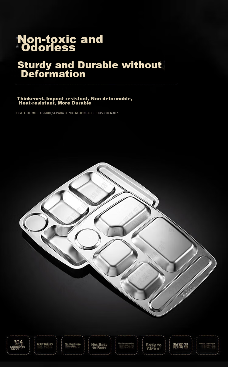 Jinwanfu Stainless Steel Divided Plate, School Canteen Dining Tray, 304 Stainless Steel Compartment Plate, 1.0mm Thick, 450g, Large Six Compartments 8