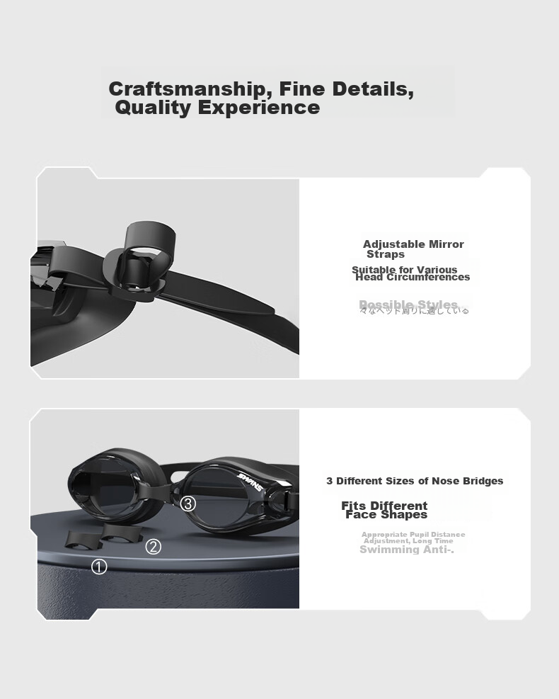 SWANS Swimming Goggles, Imported from Japan, Waterproof, Anti-Fog, High-Definition, for Myopia, Large Frame, Adult Diving Professional, Black, 300° 8