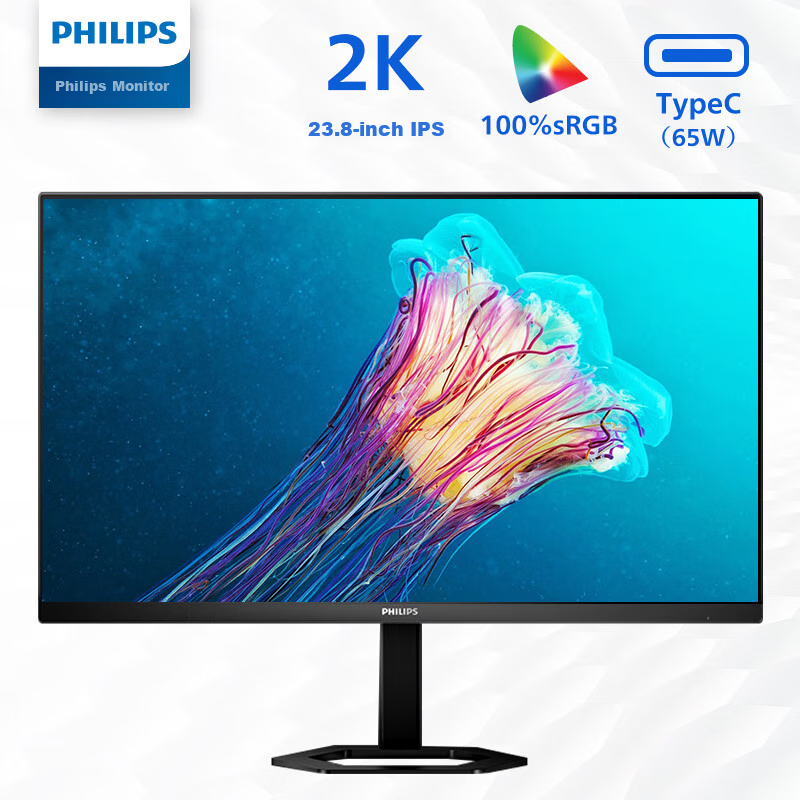 PHILIPS 23.8-Inch 2K IPS Type-C65W Low Blue Light Online Class Rotatable Height Adjustable High-Definition Design Office Monitor Entertainment Display Screen 24E1N5600E