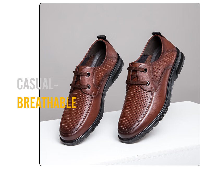 Aokang Business Casual Leather Shoes Comfortable Breathable Hollow Out Lace-up Black Size 42 9