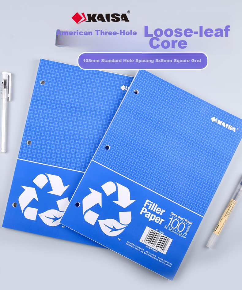 KAISA A4/100 Sheets Three-Hole Grid Loose-Leaf Paper, 3-Ring Loose-Leaf Notebook Refill Grid Notebook Refill Paper School Supplies, 1 Pack 1