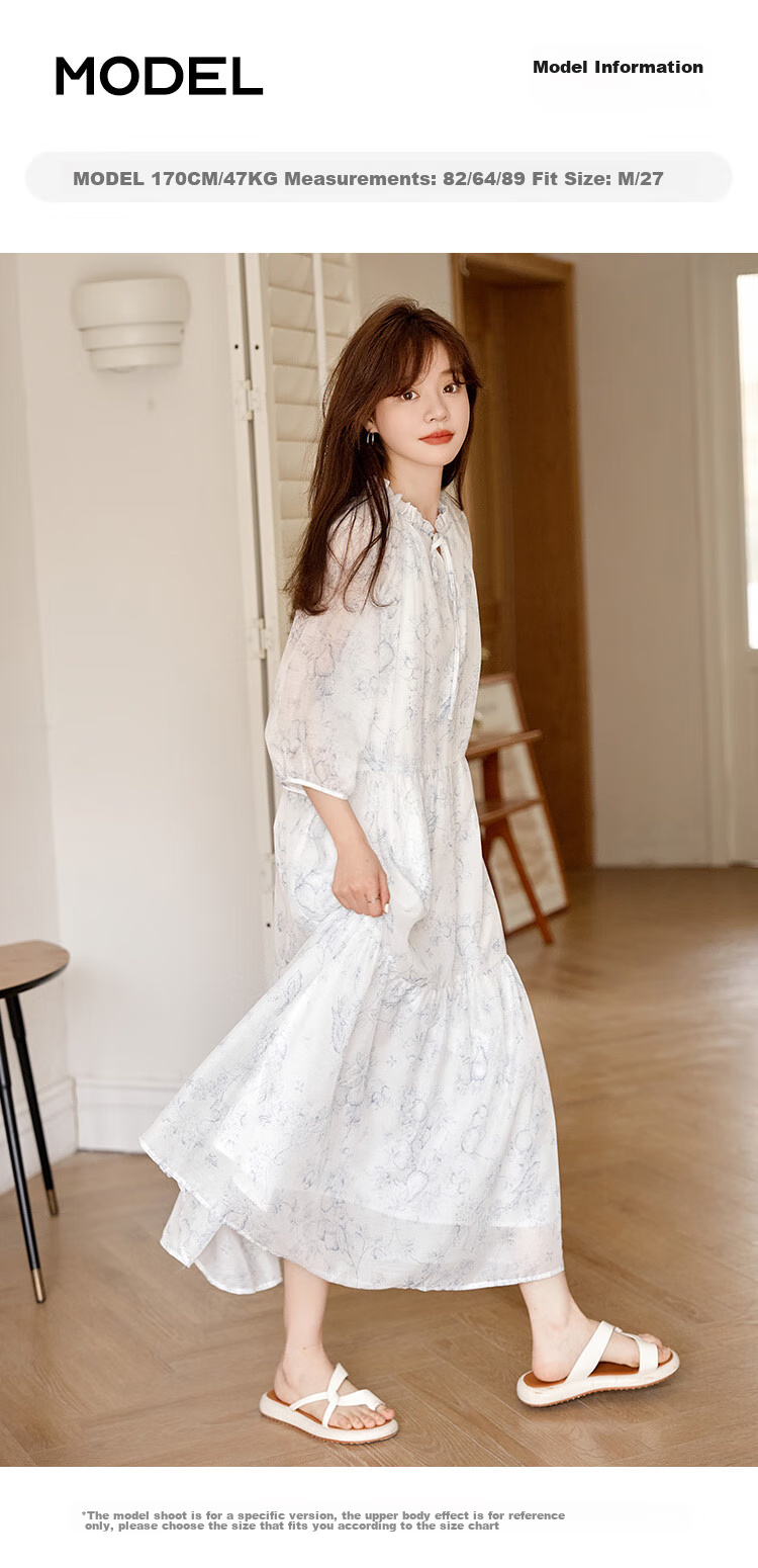 Dme Floral Print Pleated Dress Summer Fresh Three-Quarter Sleeve Long Dress, Floral Print, Size L 11