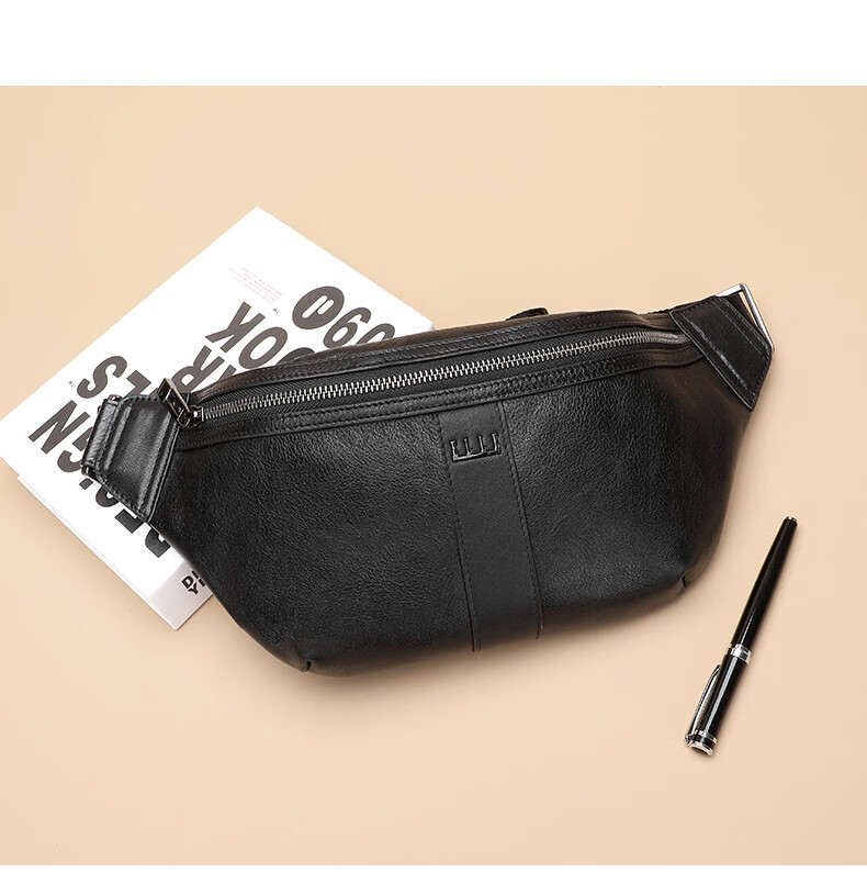 ELLE HOMME Fashionable Men's Chest Bag, Casual Top-Grain Leather Shoulder Crossbody Bag, Trendy Waist Pack 04470 Black 2