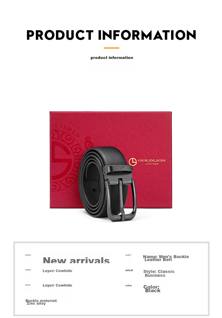Goldlion Men's Belt with Pin Buckle, Top-Grain Leather Trouser Belt in Gift Box, Birthday Present 14
