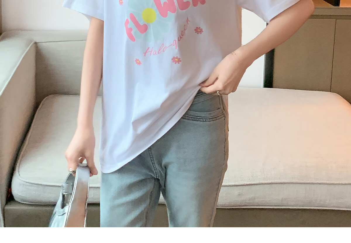 Halo Queen Women's Short-Sleeve T-Shirt, Summer Undershirt, Inner Layer Top, Trendy Letter Print, Loose-Fitting T-Shirt, H143T1418 41