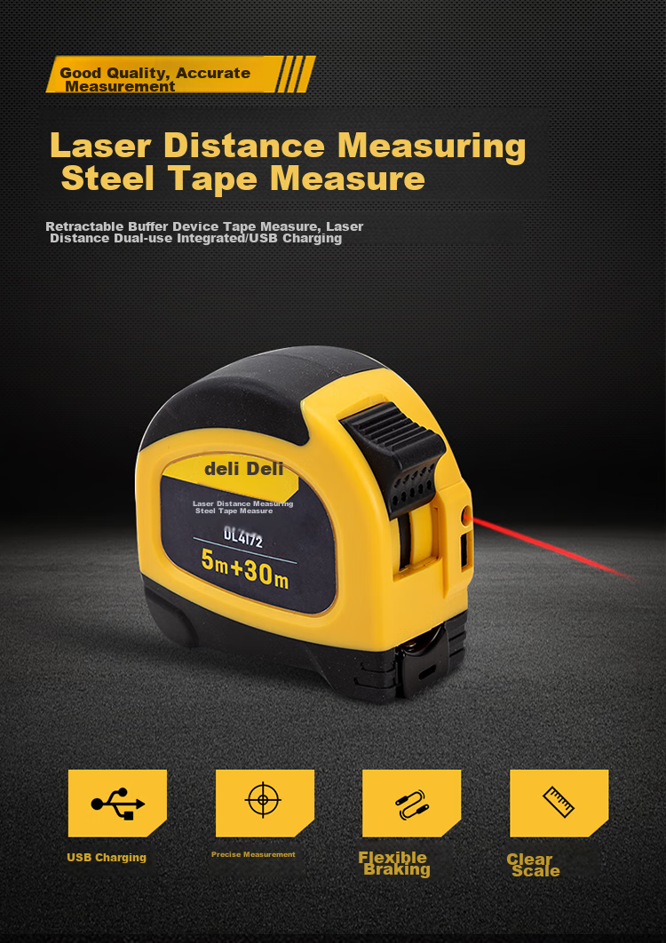 Deli 30-Meter Laser Distance Measuring Ruler with Digital Display for Real Estate Measurement And Carpentry (30-Meter Laser + 5-Meter Steel Tape Measure) 1