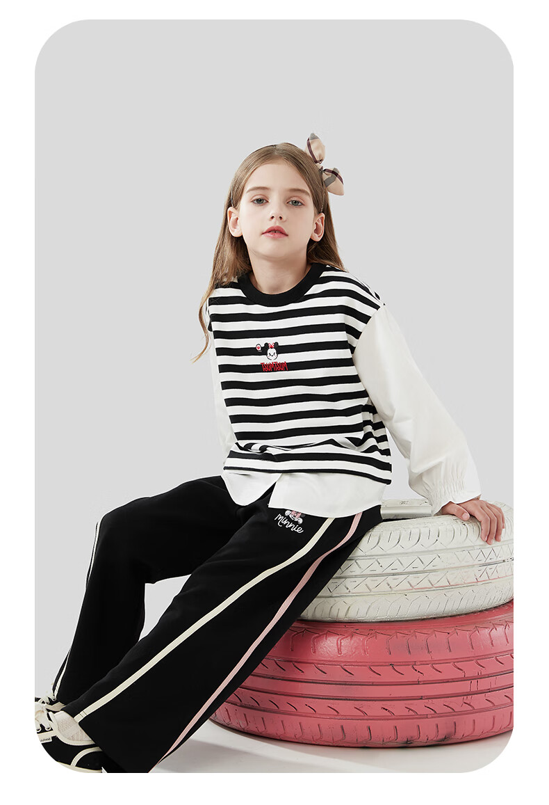 Disney Girls' Sweatshirt Spring And Autumn Children's Long-Sleeve Shirt Casual Top for Older Kids Z233037 Red And White 120cm 2