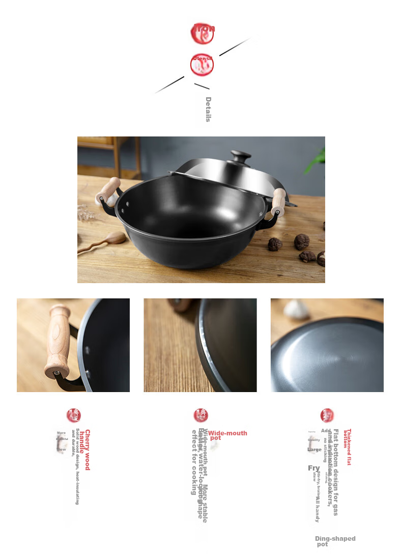 Dianjiang Cast Iron Wok, 36cm, Traditional Iron Pan for Home Cooking, Deep Frying Pan, Stew Pot 7