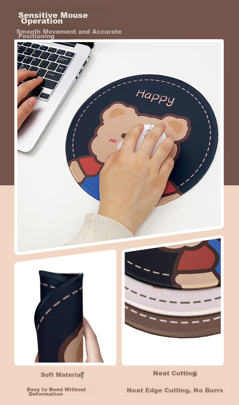 Youbili Mouse Pad Small Cute Cartoon Round Office Desk Mat Customized for Women, E-Sports Gaming Creative Round Pad Diameter 24cm 9400-Love Bear 5