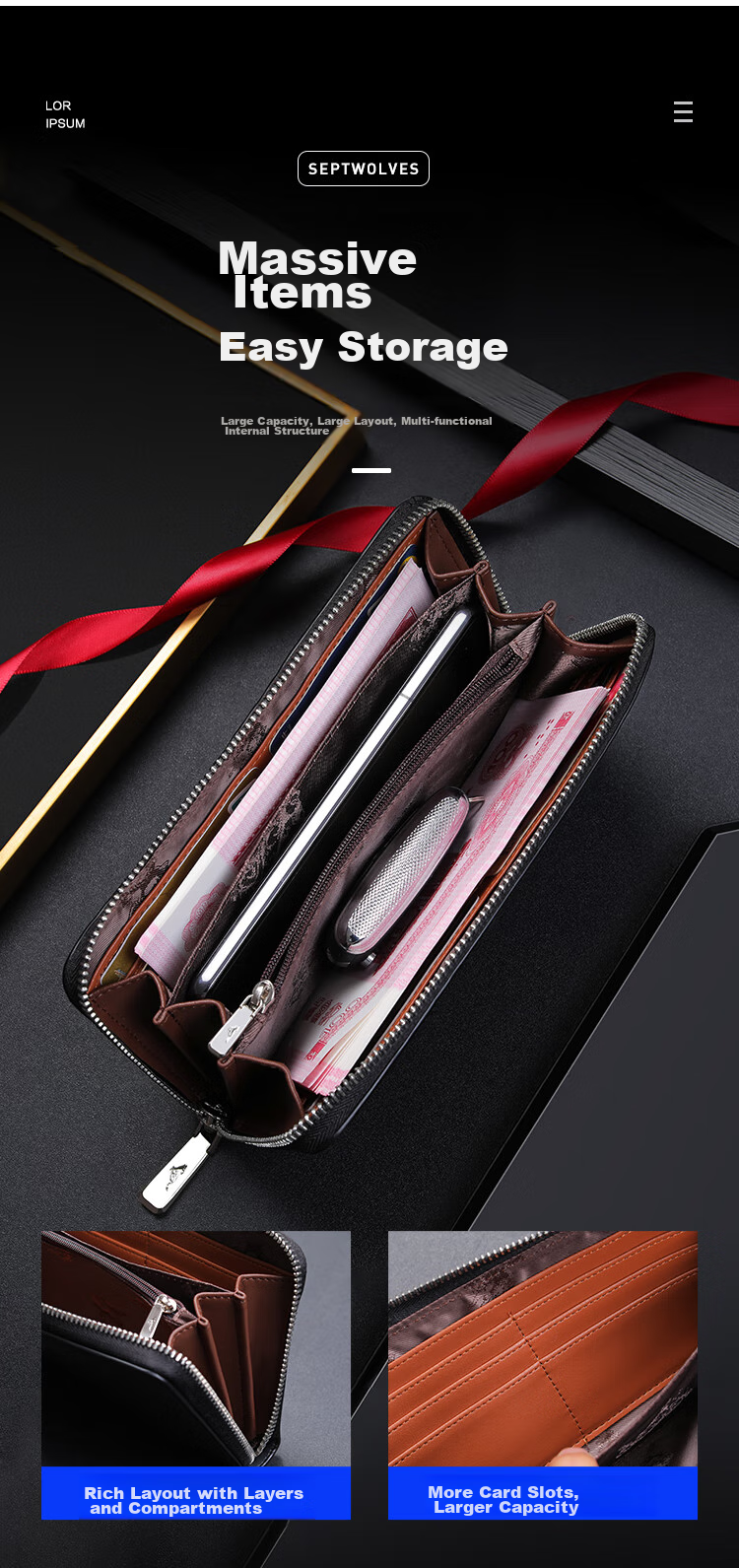 SEPTWOLVES Men's Wallet, Clutch Bag, Genuine Leather Card Holder, Zipper Pouch, Large Capacity, Anniversary Birthday Gift for Dad Or Husband 4