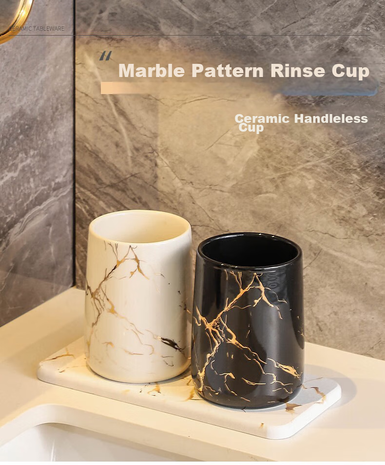 Fanyejia 3-Piece Marble Gold Pattern Bathroom Cup Set for Guesthouse And Home Use, Ceramic Mouthwash Cups for Couples, High-End Set 1
