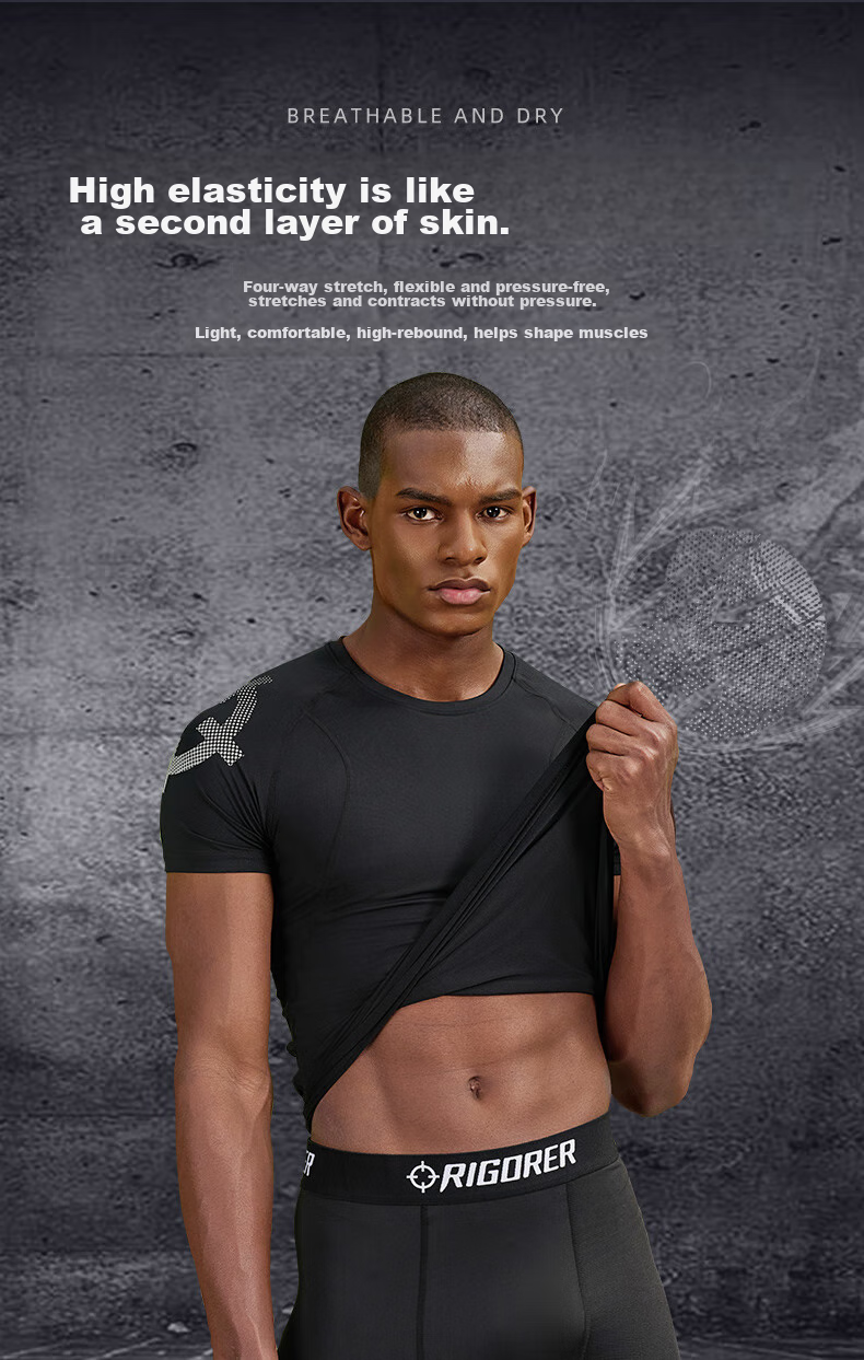 RIGORER Men's Fitness Short-Sleeve Quick-Dry Sports Top, Basketball Training Sweat-Wicking Tight-Fitting Shirt, Pure Black, M 6