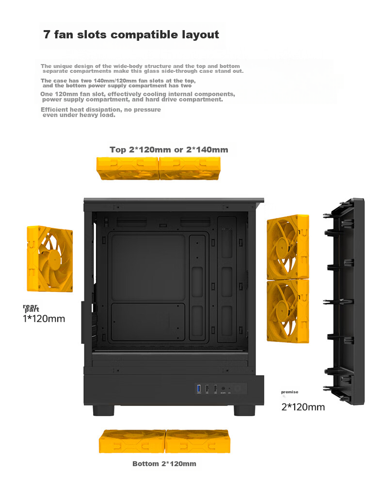 Golden Field Jianyu Jixi Black Wide Desktop Computer Case, Front Panel without Fan Leakage, Fully Compatible with 240mm Water Cooling, M-ATX Motherboard, 180mm CPU Cooler Height Limit 5