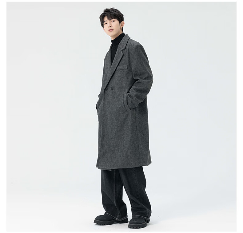 Dingfengbaoluo Men's Woolen Coat Autumn Winter Mid-Length Korean Style High-Quality Loose Over-the-Knee Wool Trench Coat HT88 Black 5XL 3