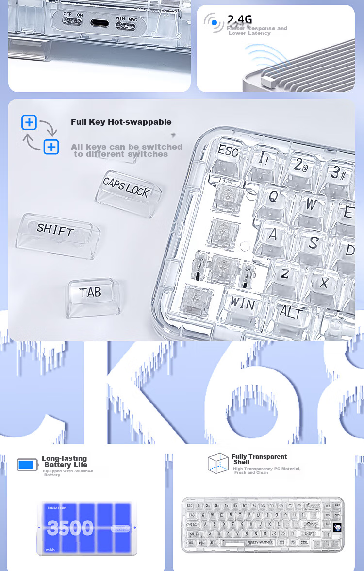 CoolKiller CK68 Polar Bear Wired/wireless/blue Toed Three-Mode Transparent Customizable Mechanical Keyboard, Ice Blade Switches, Linear Switches 5
