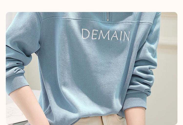 Dme [Elegant Letter Embroidery Sweatshirt] Spring And Autumn Commuter Style, Turn-Down Collar Long Sleeve Patchwork Women's Sweatshirt, Light Blue, XL 5