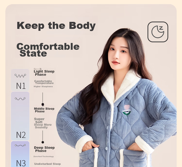 MiiOW Coral Fleece Three-Layer Padded Women's Pajamas, Ultra-Thick Fleece-Lined Warm Loungewear, Suitable for Outdoor Wear, Cherry Blossom Pink 15