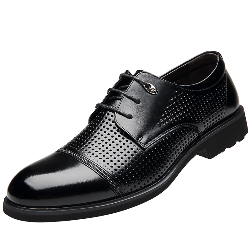 CARTELO British Breathable Cowhide Business Hollow-Out Formal Casual Men's Low-Top Lace-Up Leather Shoes, Men's 3511, Black, Size 43