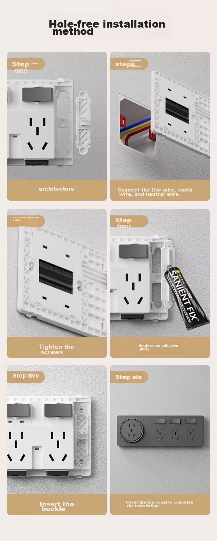 AUX 86-Type Expandable Socket with Switch Panel, Surface-Mounted Expansion Power Strip Converter, Multifunctional Power Strip, Gray, Four Outlets, Five-Hole, 10A 14